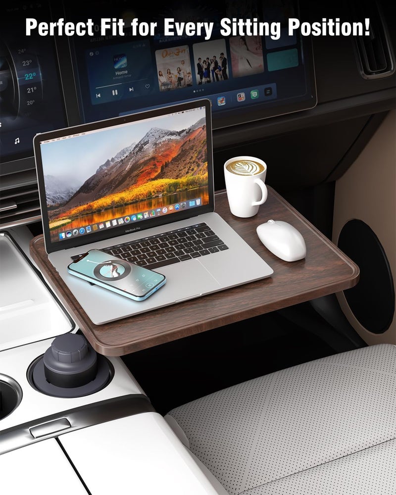 AXVLU Car Desk for Laptop, Cup Holder Table with 360° Rotation - Wooden Car Laptop Mount, Car Table & Car Food Tray Compatible with Tesla Model Y/3/S & Most Vehicles - Image 2